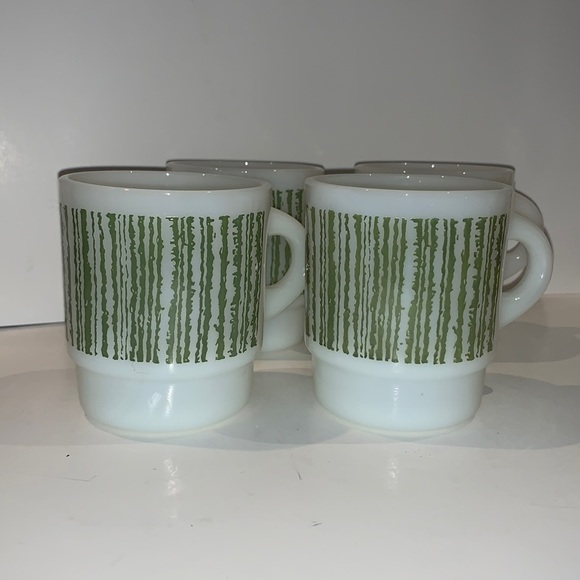 Fire King Green Bar Code Milk Glass Stacking Mugs, Vtg 1970's, by Anchor Hocking - Picture 2 of 7